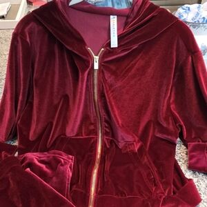 Fabletics Velvet Zip Hoodie Jumpsuit in Deep Red with Gold Zipper